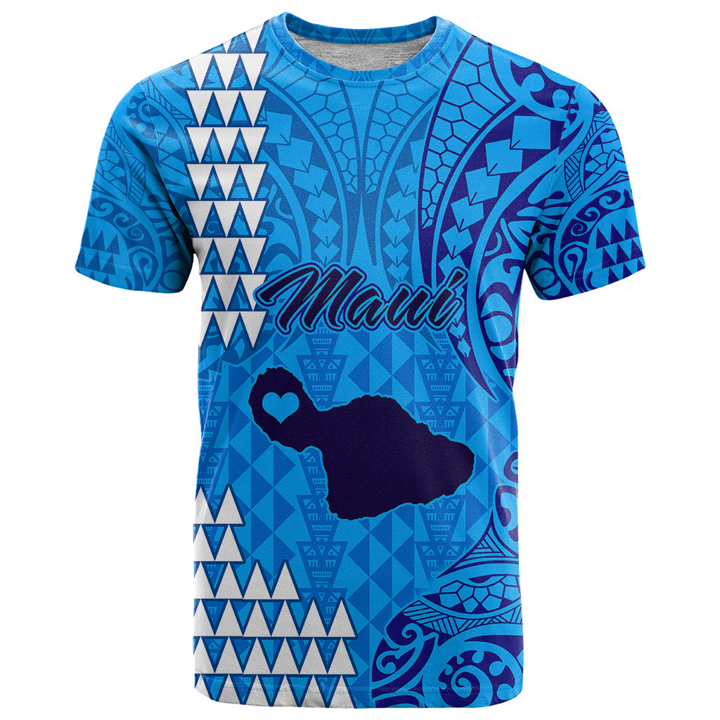 Personalised Maui Island T-Shirt Kakau Tribal Mixed Polynesian Pattern Blue Graphic Tee