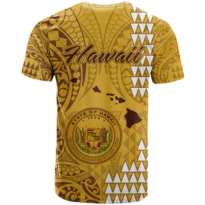 Maui Island T-Shirt Kakau Tribal Mixed Polynesian Pattern Gold Graphic Tee