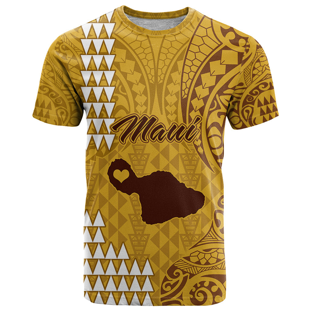 Personalised Maui Island T-Shirt Kakau Tribal Mixed Polynesian Pattern Gold Graphic Tee