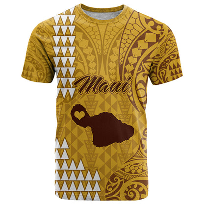Personalised Maui Island T-Shirt Kakau Tribal Mixed Polynesian Pattern Gold Graphic Tee