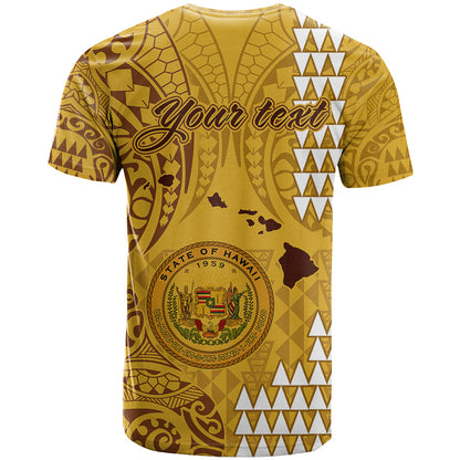 Personalised Maui Island T-Shirt Kakau Tribal Mixed Polynesian Pattern Gold Graphic Tee