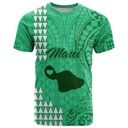Maui Island T-Shirt Kakau Tribal Mixed Polynesian Pattern Green Graphic Tee