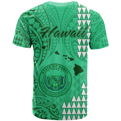 Maui Island T-Shirt Kakau Tribal Mixed Polynesian Pattern Green Graphic Tee