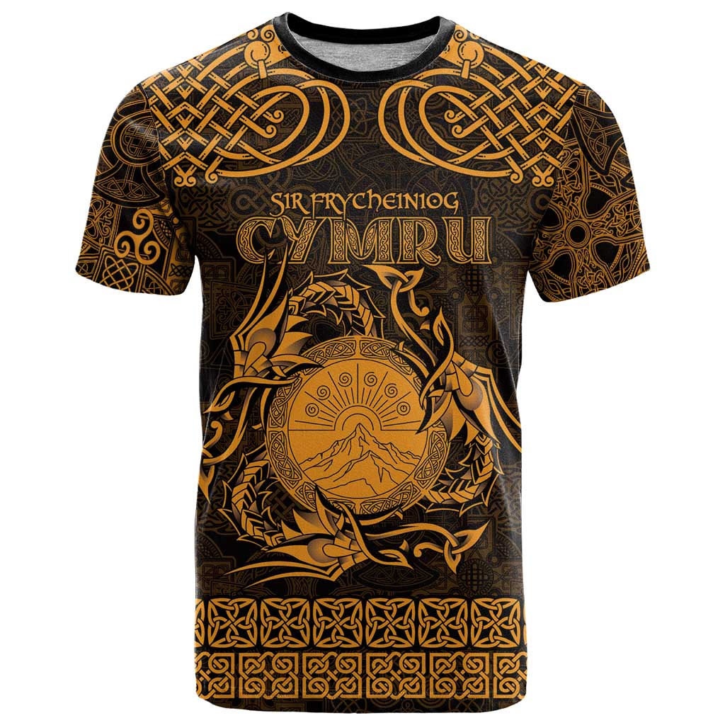 Personalized Brecknockshire Sir Frycheiniog T-Shirt Gold Brecon Beacons Mountain Celtic-inspired Graphic Tee