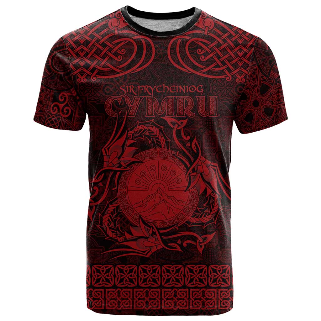 Personalized Brecknockshire Sir Frycheiniog T-Shirt Red Brecon Beacons Mountain Celtic-inspired Graphic Tee