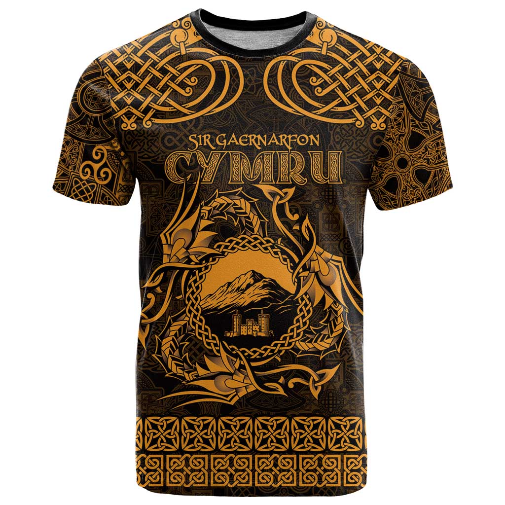 Personalized Caernarfonshire Sir Gaernarfon T-Shirt Gold Castle Tower Celtic-inspired Graphic Tee