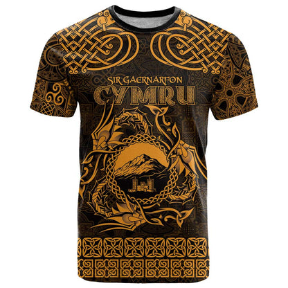 Personalized Caernarfonshire Sir Gaernarfon T-Shirt Gold Castle Tower Celtic-inspired Graphic Tee