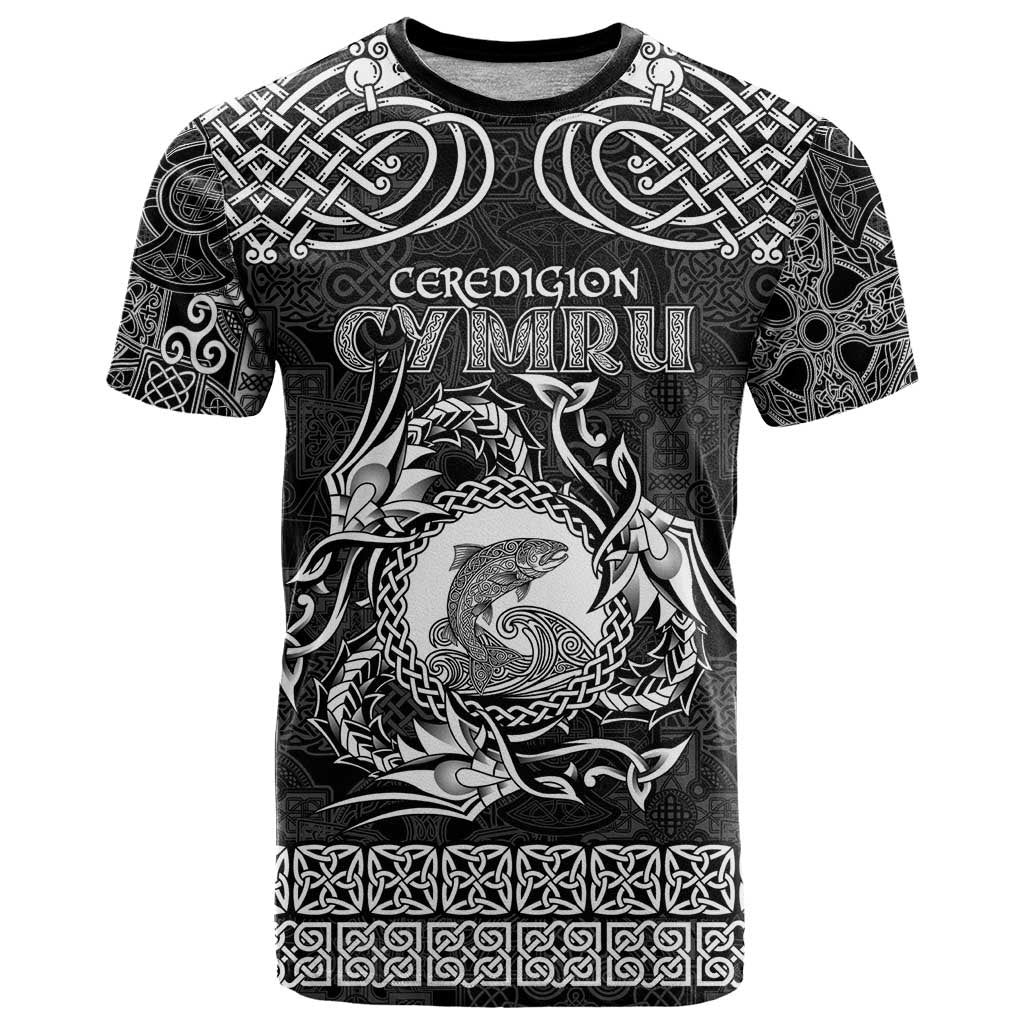 Personalized Cardiganshire Ceredigion T-Shirt Black Leaping Salmon Celtic-inspired Graphic Tee