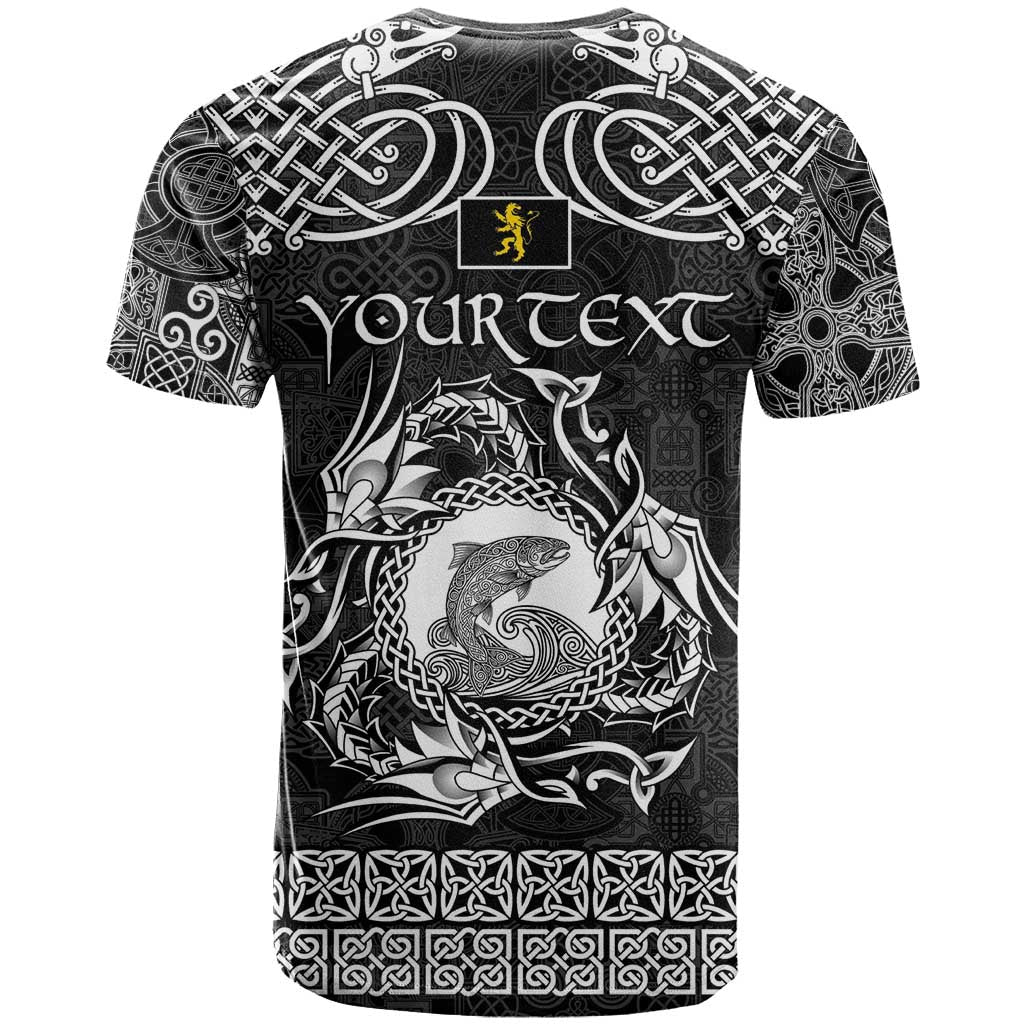 Personalized Cardiganshire Ceredigion T-Shirt Black Leaping Salmon Celtic-inspired Graphic Tee