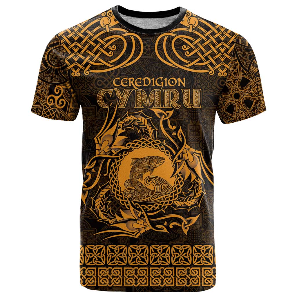 Personalized Cardiganshire Ceredigion T-Shirt Gold Leaping Salmon Celtic-inspired Graphic Tee