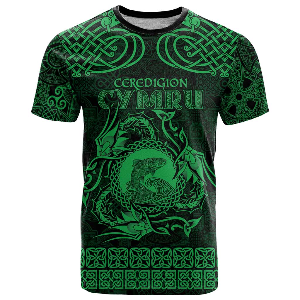 Personalized Cardiganshire Ceredigion T-Shirt Green Leaping Salmon Celtic-inspired Graphic Tee