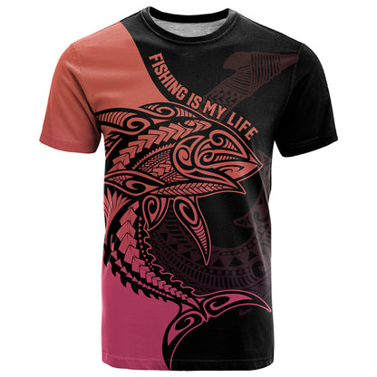 Personalised Polynesia Fishing T-Shirt With Maori Hei Matau Fish Hook Pink Art Graphic Tee