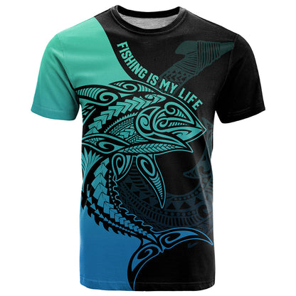 Personalised Polynesia Fishing T-Shirt With Maori Hei Matau Fish Hook Turquoise Art Graphic Tee