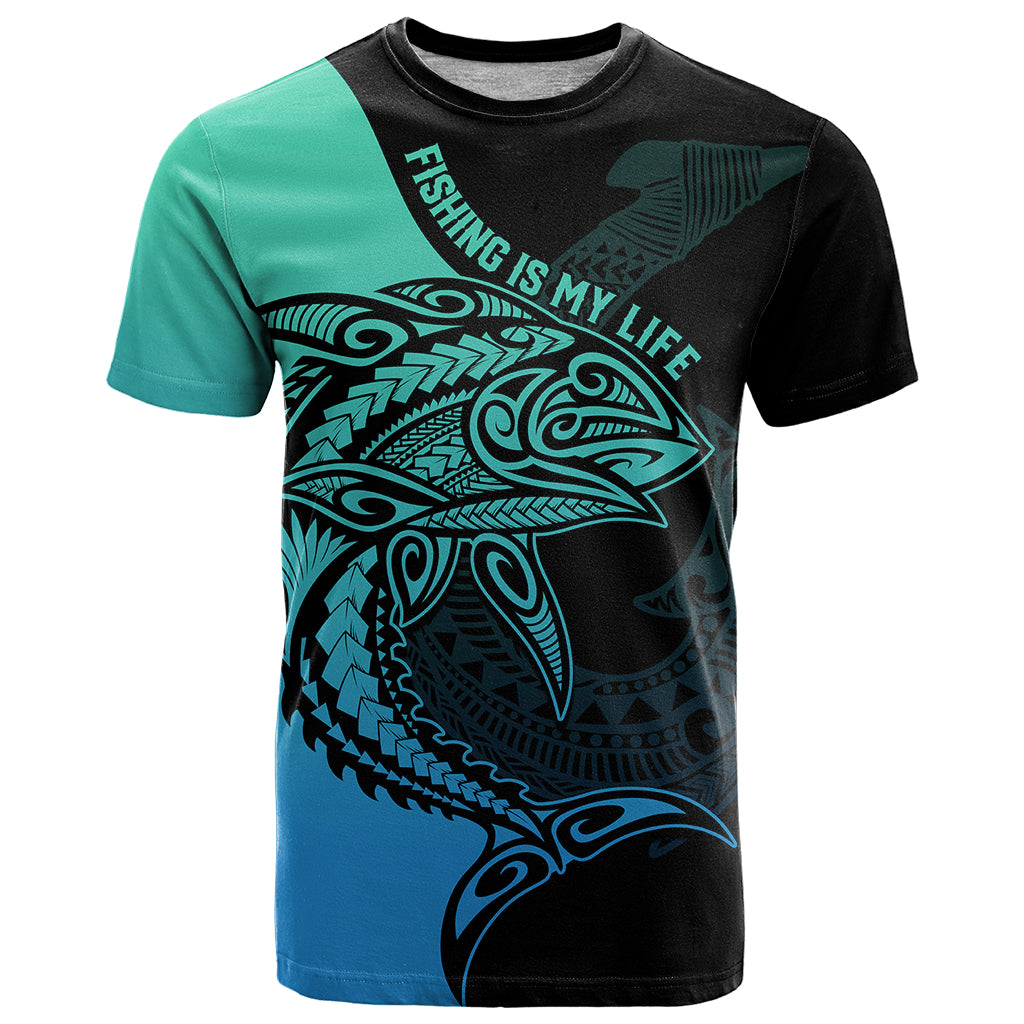 Personalised Polynesia Fishing T-Shirt With Maori Hei Matau Fish Hook Turquoise Art Graphic Tee