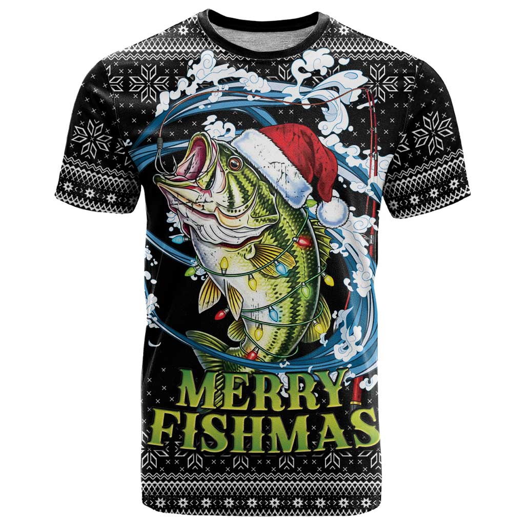 Funny Fishmas Bass T-Shirt Fish Santa Hat Christmas Vibes Graphic Tee