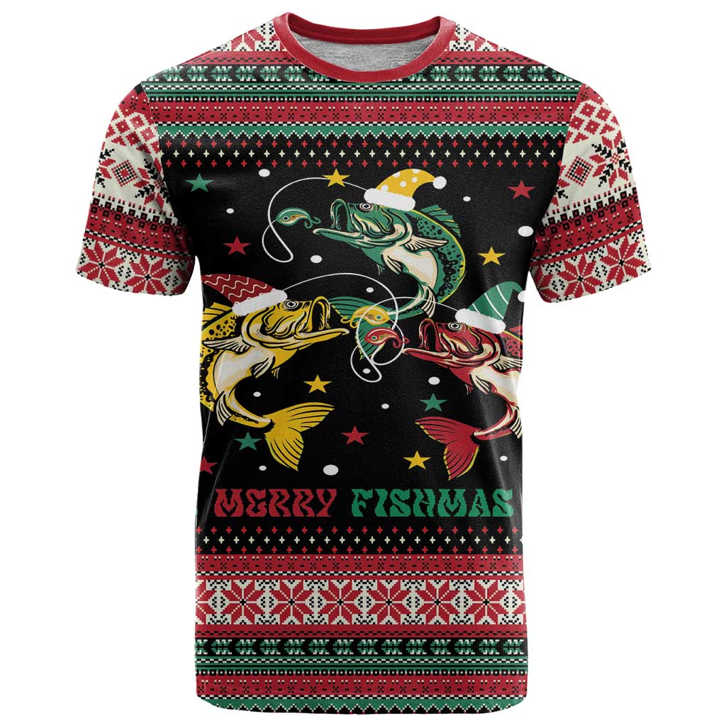 Funny Fishmas Bass T-Shirt Christmas Santa Hat Lights Graphic Tee