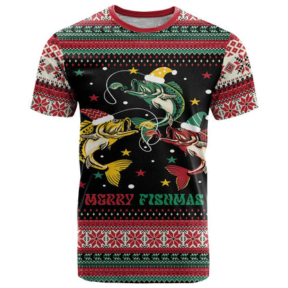 Funny Fishmas Bass T-Shirt Christmas Santa Hat Lights Graphic Tee