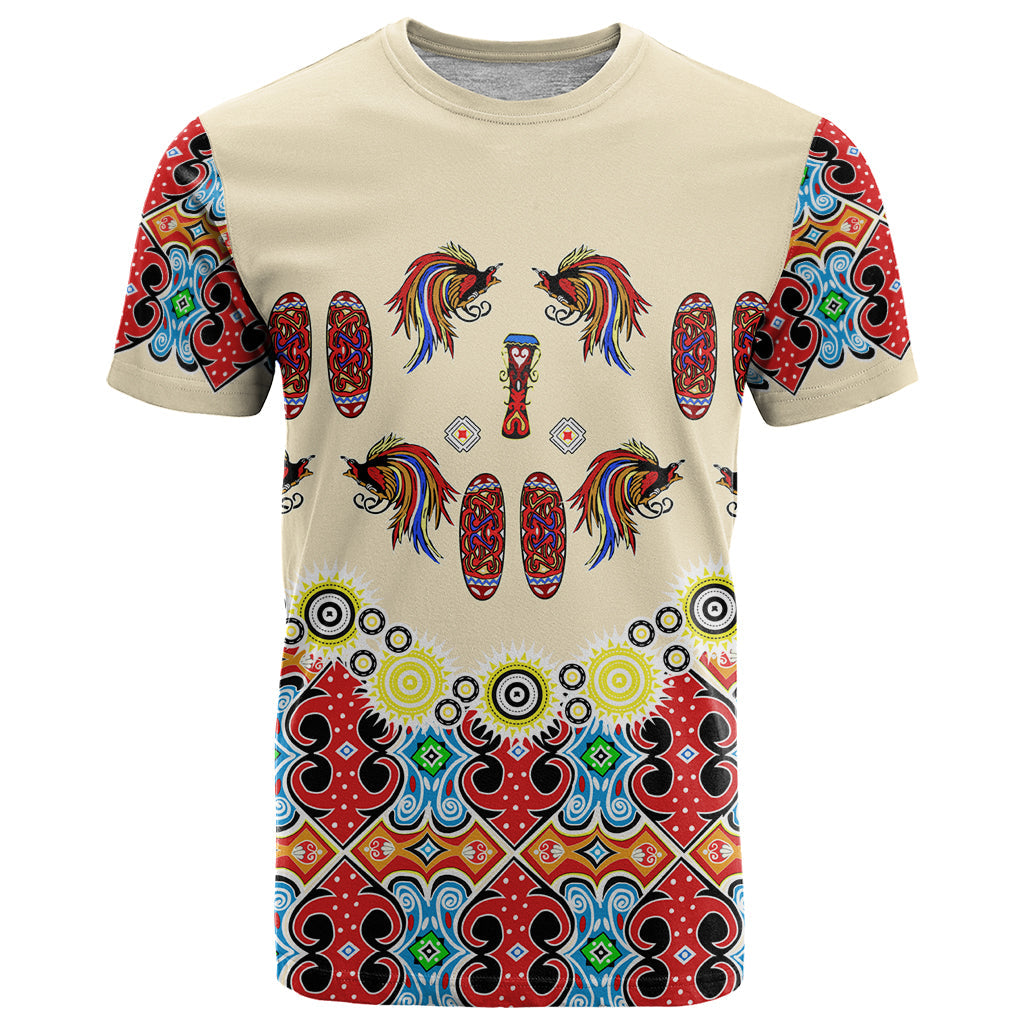 Papua Batik Motif Bird Of Paradise and Native Papuan Shield T-Shirt Graphic Tee