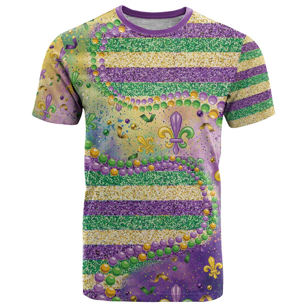 Mardi Gras Fleur De Lis T-Shirt With Beads Glitter Pattern Graphic Tee