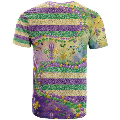 Mardi Gras Fleur De Lis T-Shirt With Beads Glitter Pattern Graphic Tee