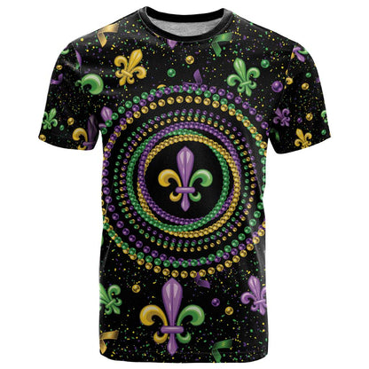 Mardi Gras Fleur De Lis T-Shirt With Round Carnival Beads Graphic Tee