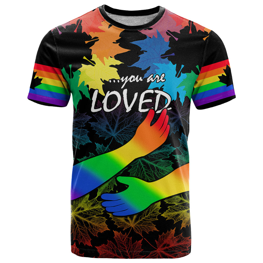 Canada LGBT History Month T-Shirt Hugging Rainbow Maple Leaves Graphic Tee