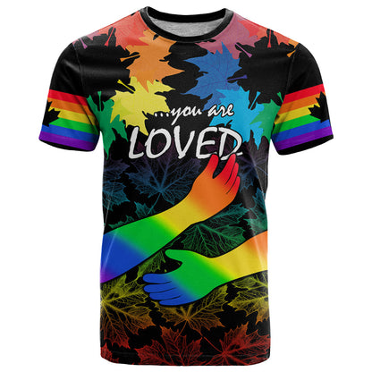 Canada LGBT History Month T-Shirt Hugging Rainbow Maple Leaves Graphic Tee