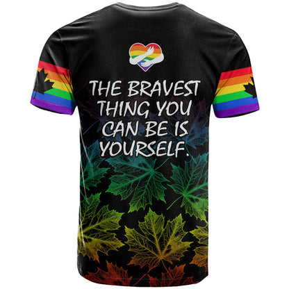 Canada LGBT History Month T-Shirt Hugging Rainbow Maple Leaves Graphic Tee