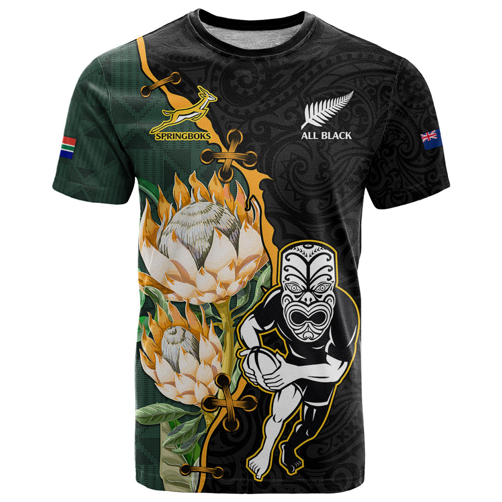South Africa Protea and New Zealand T-Shirt Go All Black-Springboks Rugby with Kente And Maori Graphic Tee