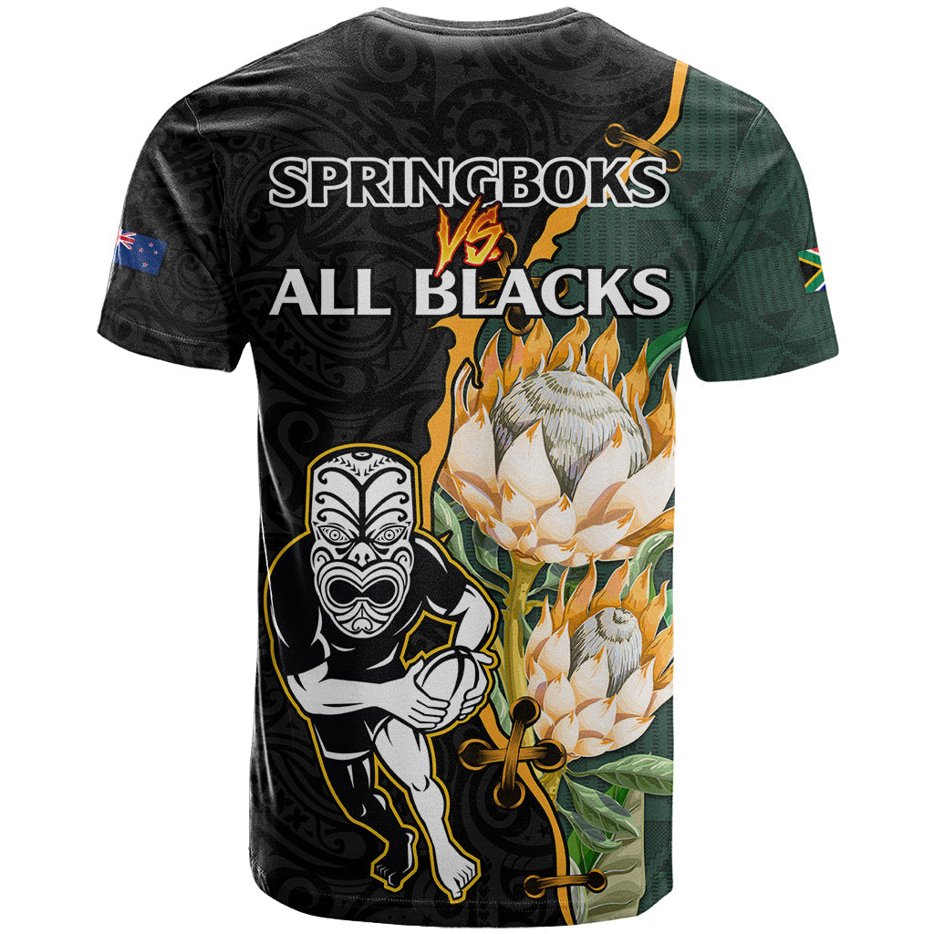 South Africa Protea and New Zealand T-Shirt Go All Black-Springboks Rugby with Kente And Maori Graphic Tee