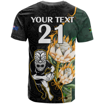 Custom South Africa Protea and New Zealand T-Shirt Go All Black-Springboks Rugby with Kente And Maori Graphic Tee