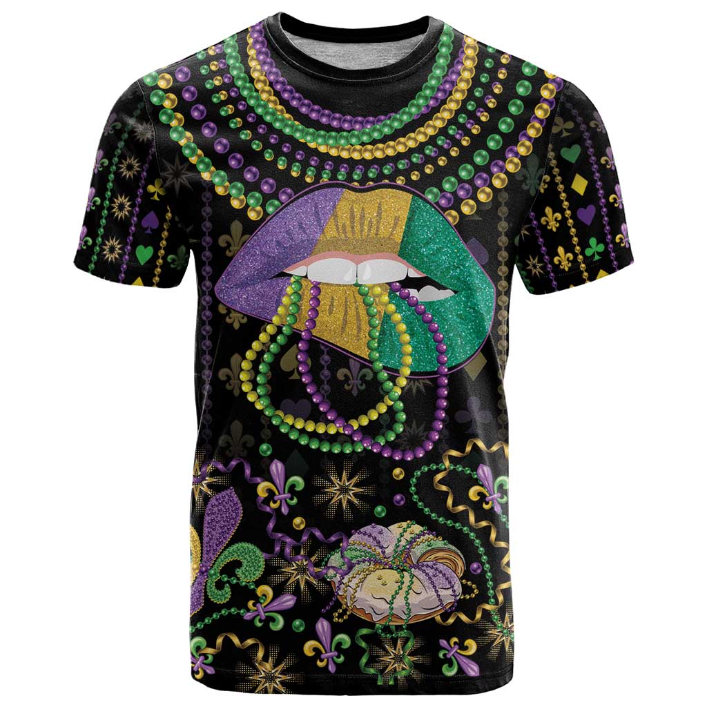 Mardi Gras Lips Queen Beads T-Shirt Graphic Tee