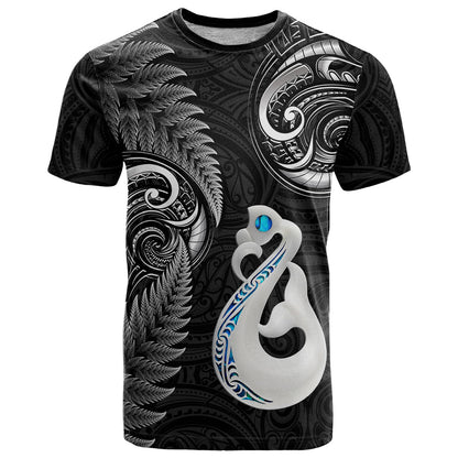 Personalised New Zealand T-Shirt Aotearoa Silver Fern With Manaia Maori Unique Black Graphic Tee