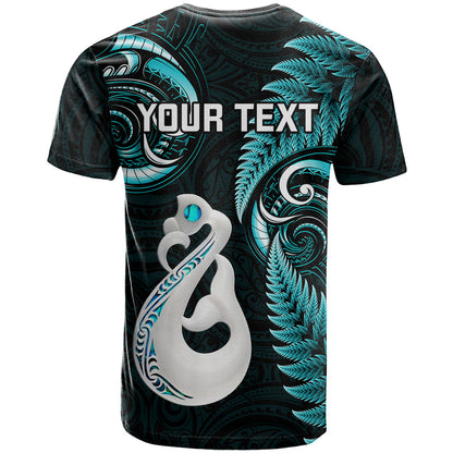 Personalised New Zealand T-Shirt Aotearoa Silver Fern With Manaia Maori Unique Turquoise Graphic Tee