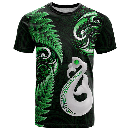 Personalised New Zealand T-Shirt Aotearoa Silver Fern With Manaia Maori Unique Green Graphic Tee