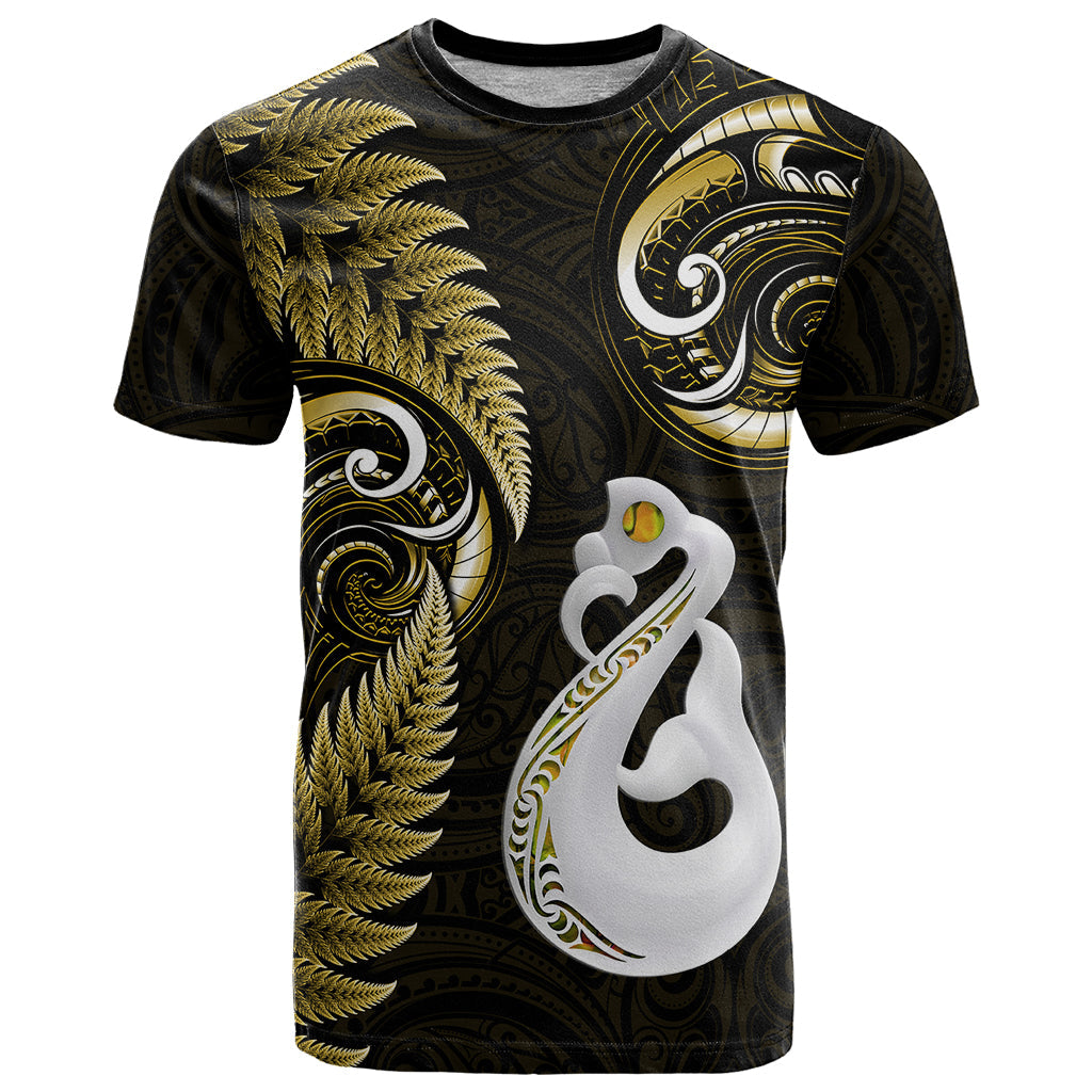 Personalised New Zealand T-Shirt Aotearoa Silver Fern With Manaia Maori Unique Gold Graphic Tee
