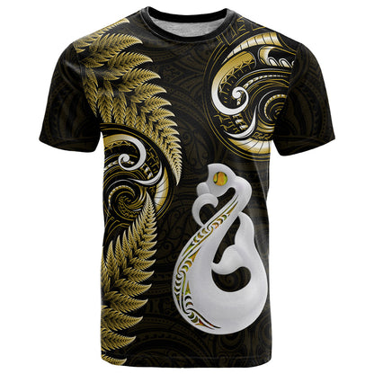 Personalised New Zealand T-Shirt Aotearoa Silver Fern With Manaia Maori Unique Gold Graphic Tee