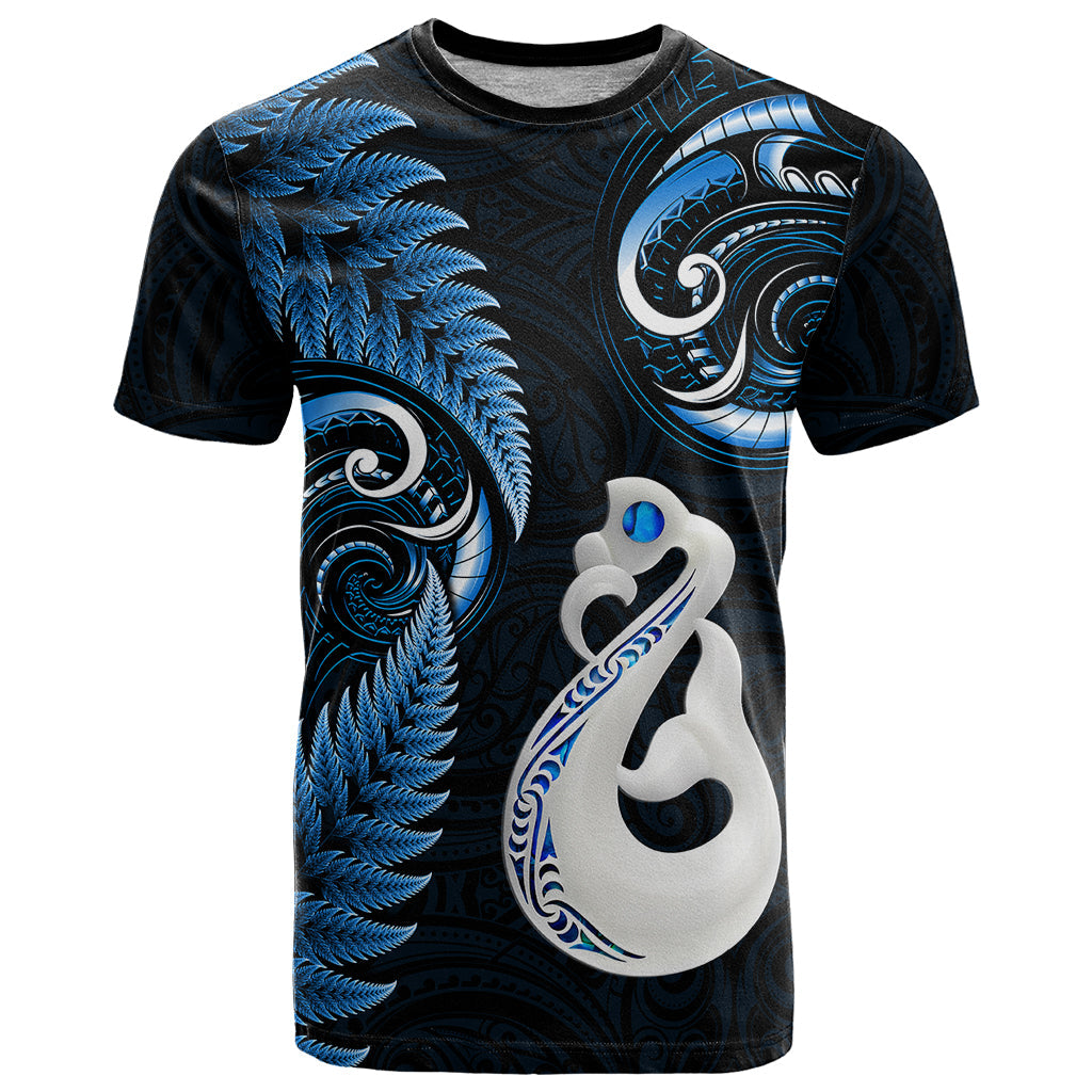 Personalised New Zealand T-Shirt Aotearoa Silver Fern With Manaia Maori Unique Blue Graphic Tee
