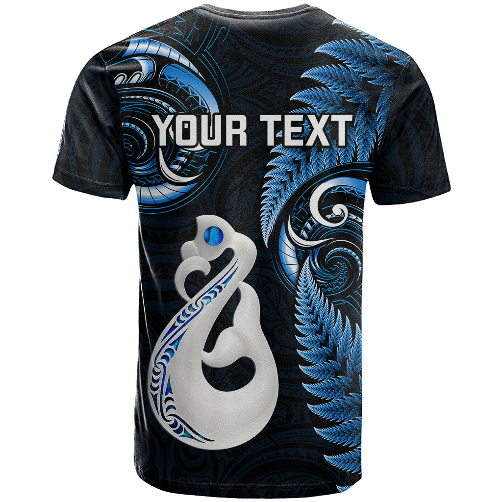 Personalised New Zealand T-Shirt Aotearoa Silver Fern With Manaia Maori Unique Blue Graphic Tee