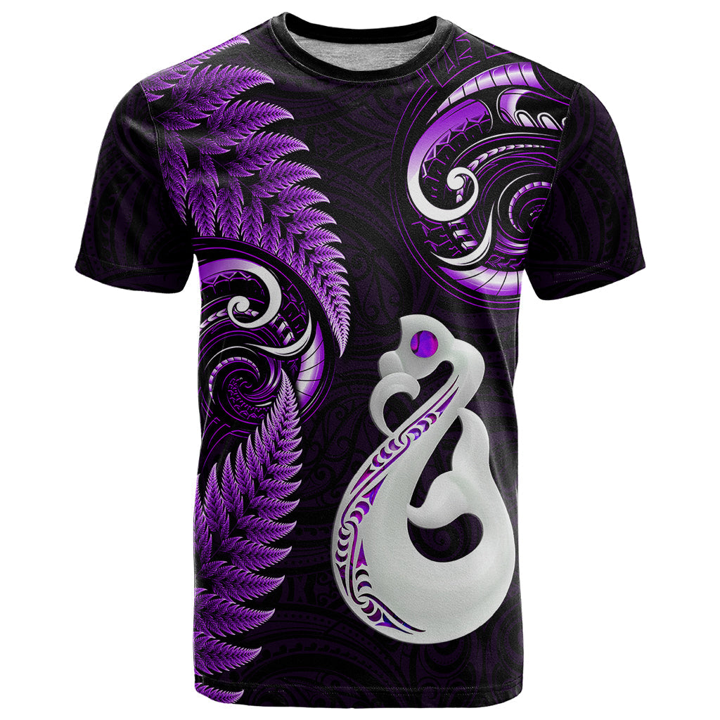 Personalised New Zealand T-Shirt Aotearoa Silver Fern With Manaia Maori Unique Purple Graphic Tee