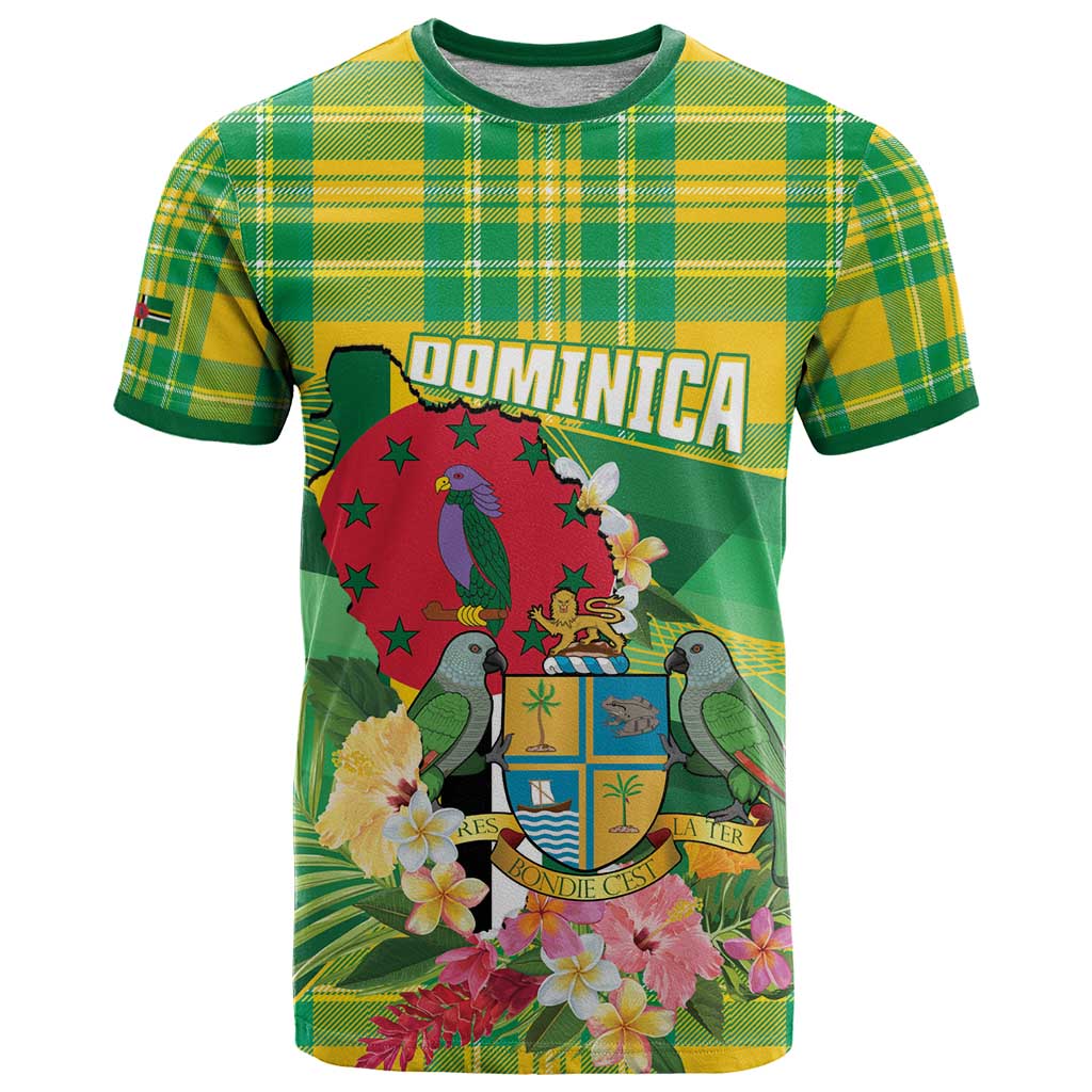 Personalized Dominica Independence Day T-Shirt Map With Coat Of Arms Madras Pattern Graphic Tee