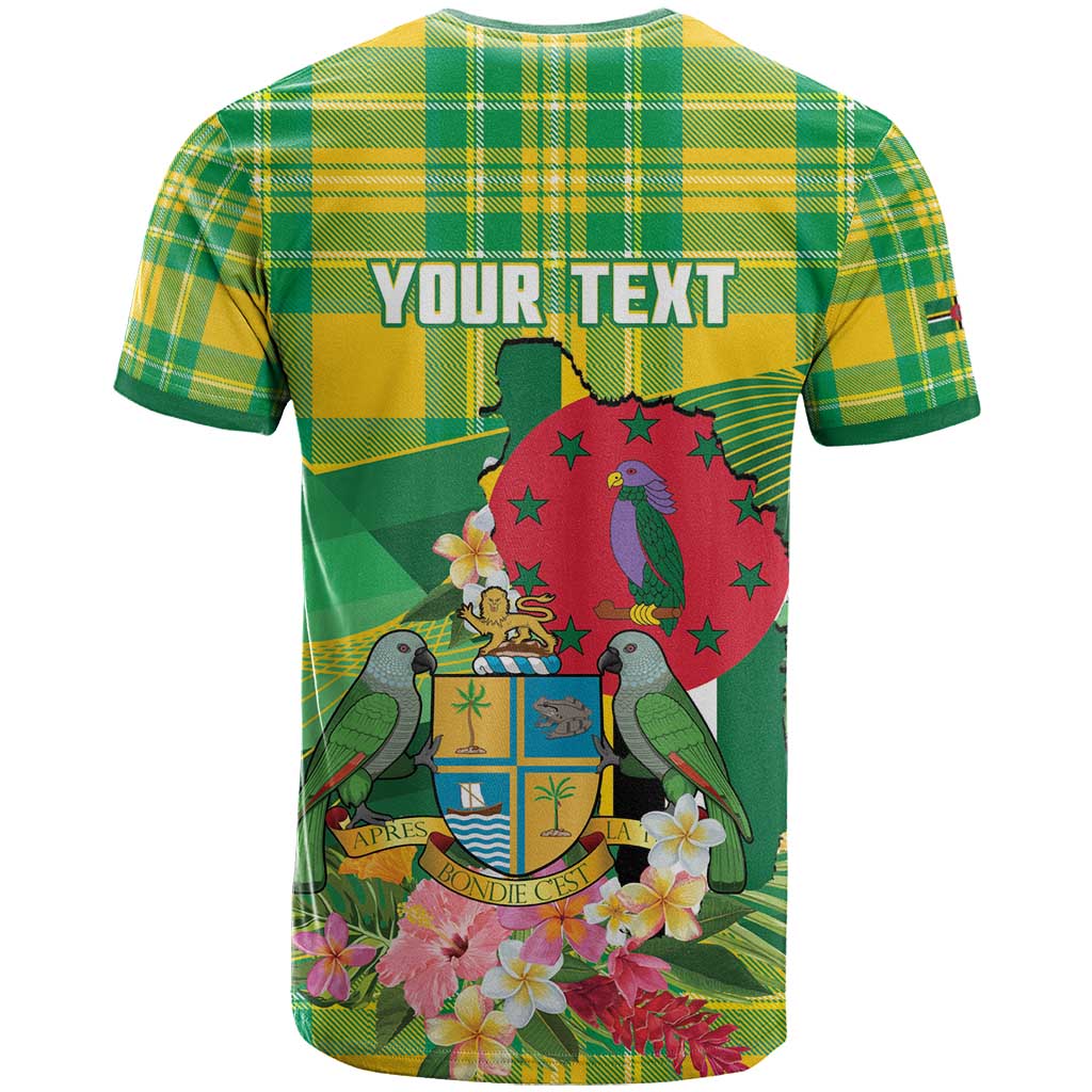Personalized Dominica Independence Day T-Shirt Map With Coat Of Arms Madras Pattern Graphic Tee