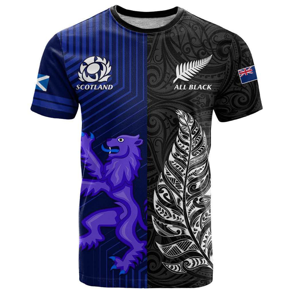 Personalised New Zealand and Scotland Rugby T-Shirt All Black Maori With Thistle Together Graphic Tee