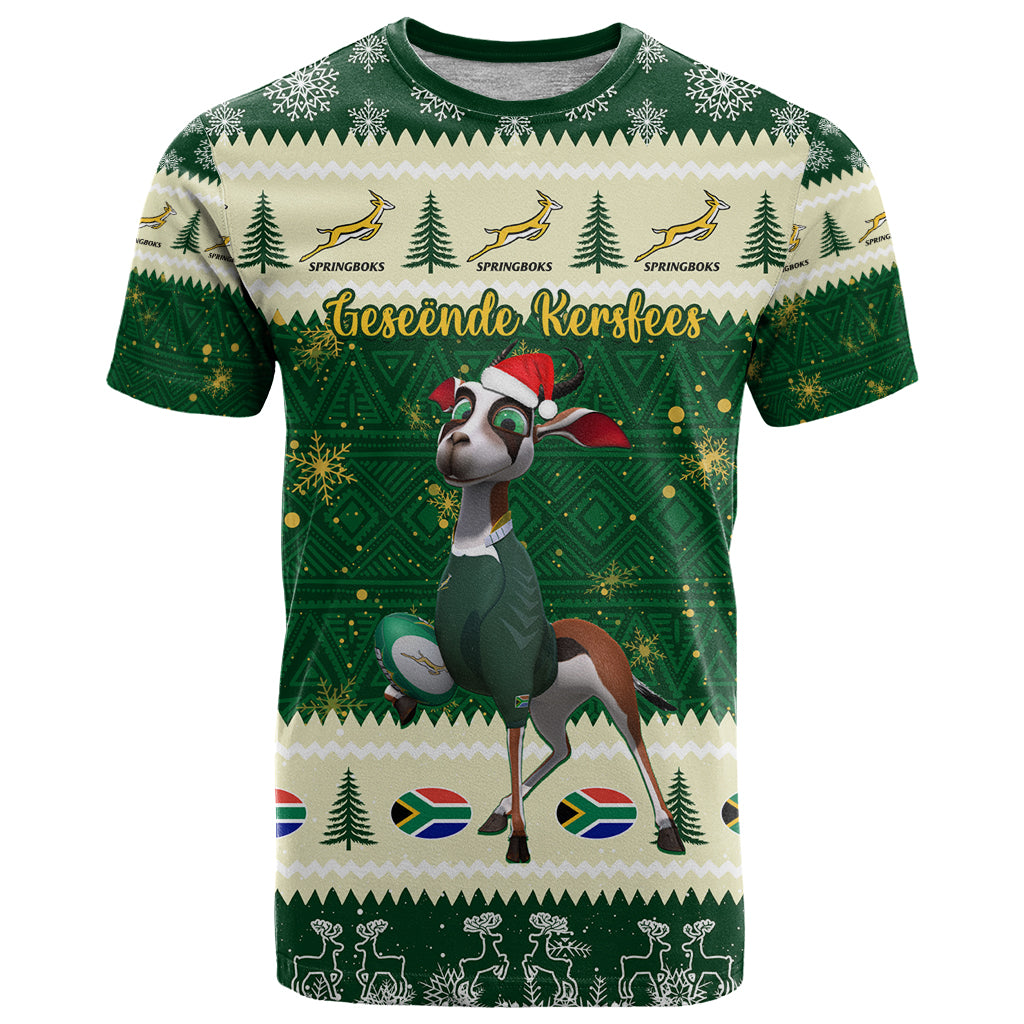 Custom South Africa Rugby Christmas T-Shirt Geseende Kersfees Springboks African Pattern Graphic Tee