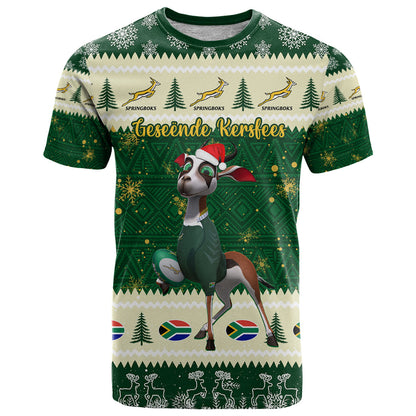Custom South Africa Rugby Christmas T-Shirt Geseende Kersfees Springboks African Pattern Graphic Tee