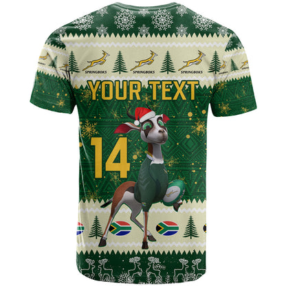 Custom South Africa Rugby Christmas T-Shirt Geseende Kersfees Springboks African Pattern Graphic Tee