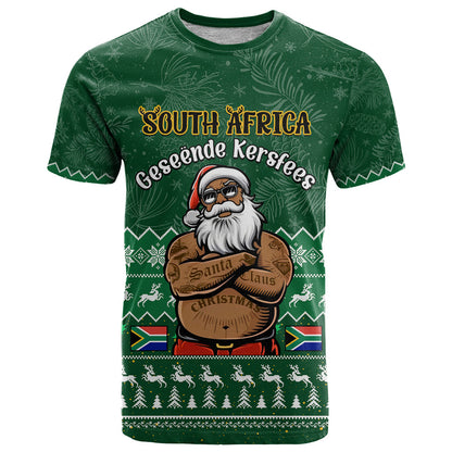 Personalised South Africa Christmas T-Shirt Cool Santa Claus With South African Map Graphic Tee