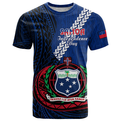 Custom Samoa T-Shirt Happy Independence Day Samoan Blue Pattern Graphic Tee