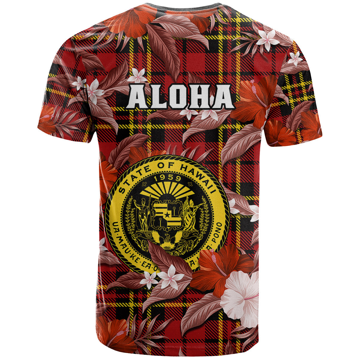 Hawaii State T-Shirt Tropical Flowers Mix Tartan Red Version Graphic Tee