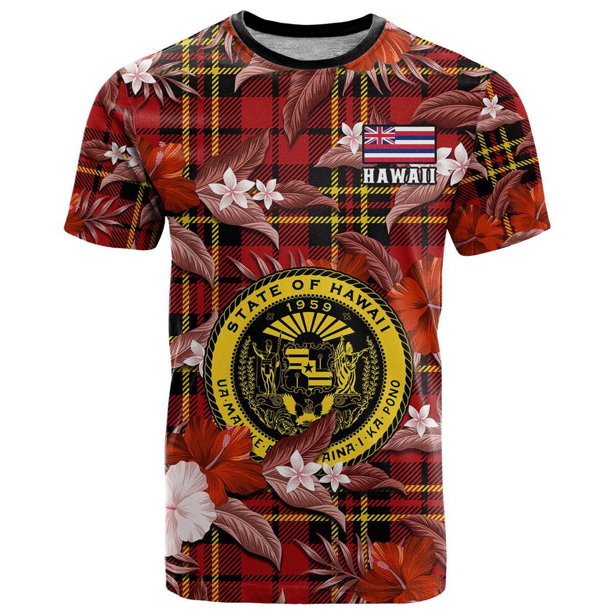 Custom Hawaii State T-Shirt Tropical Flowers Mix Tartan Red Version Graphic Tee